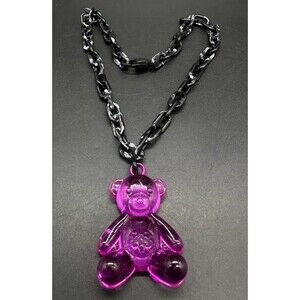 Acrylic Cable Link Chain Fuchsia Pink Bear Pendant Necklace   18” Long Black